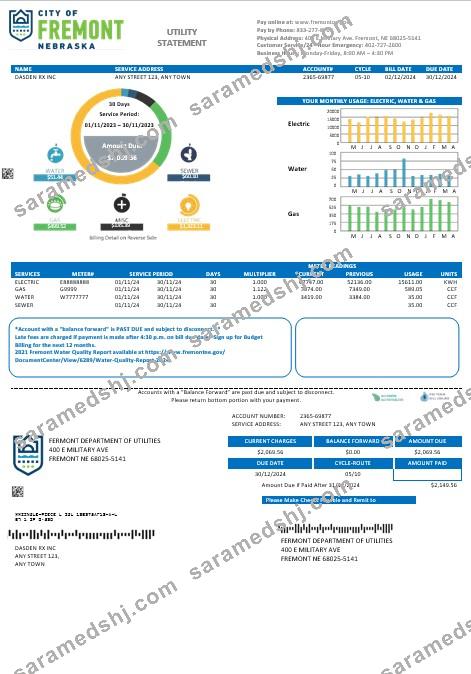USA City of Fremont Nebraska business utility bill Word and PDF template